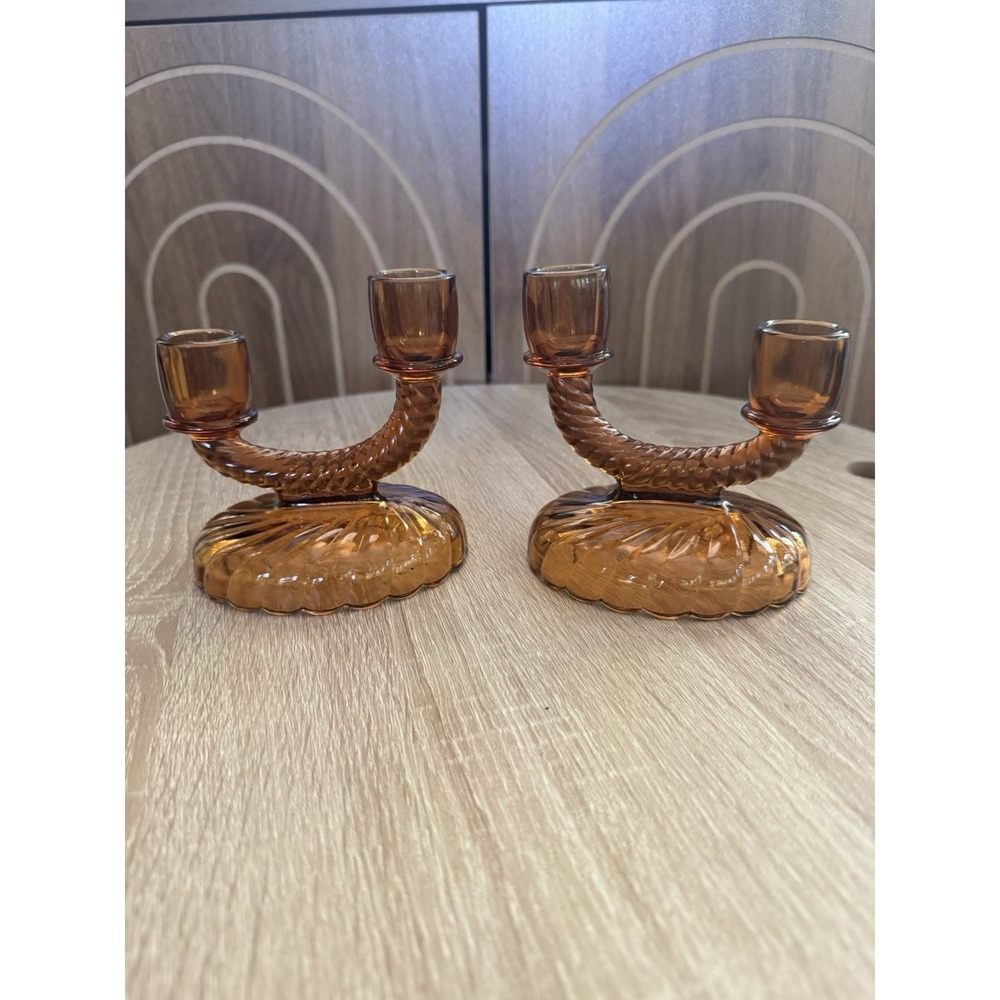 30's IMPERIAL Depression Glass Dual Swirl Candle Stick Holders Newbound Amber